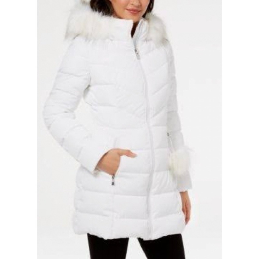 INC Women's White Hood Faux Fur Trim Quilted Puffer Coat Size Large